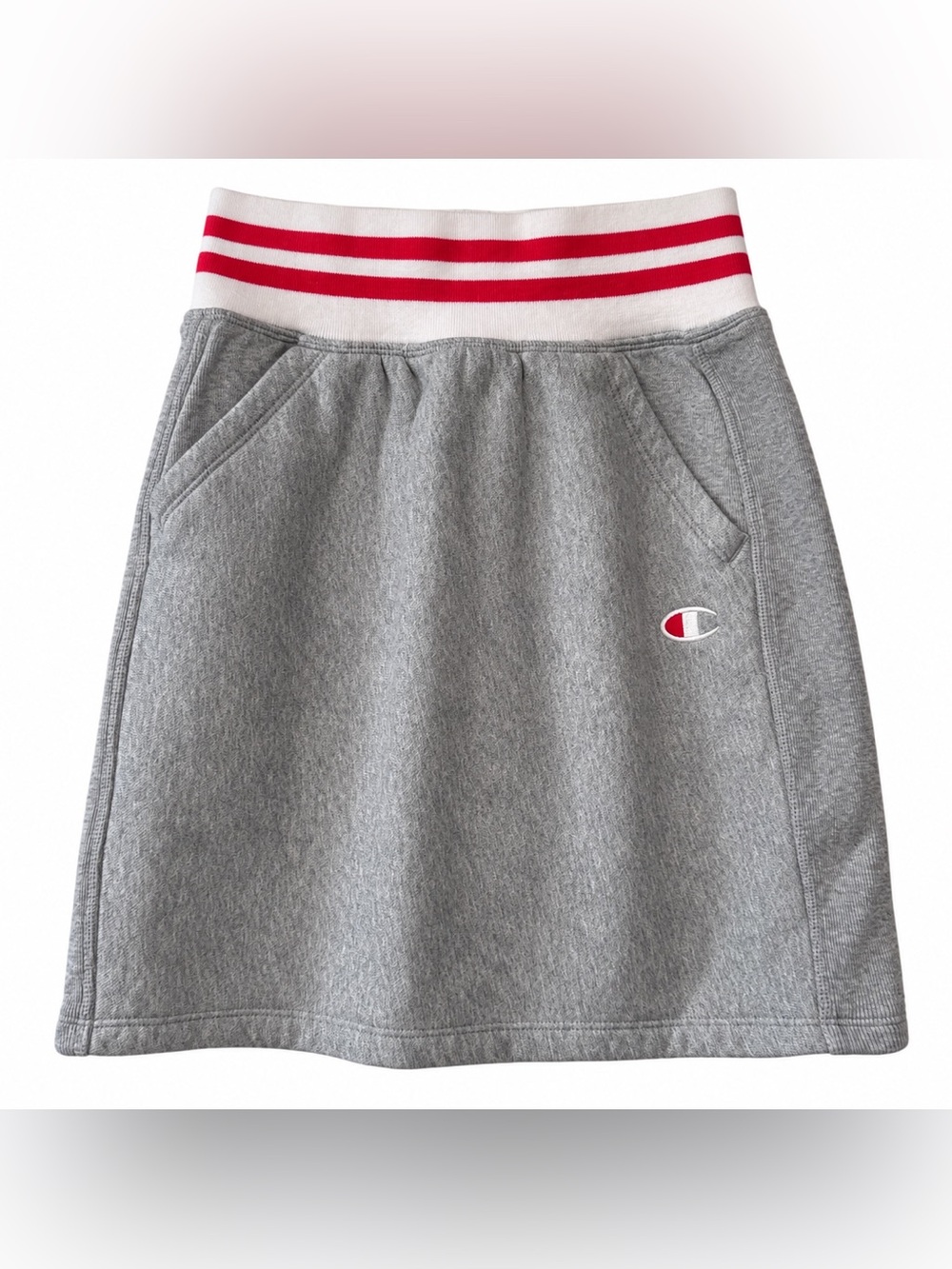 Reverse Weave Champion Gray Knit Skirt with White and Red Striped Waistband